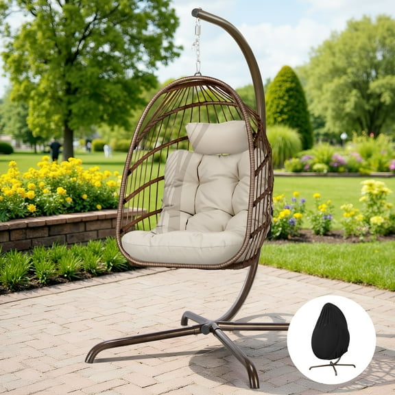 RADIATA Foldable Hanging Egg Chair with Stand and Cover, Indoor Outdoor PE Wicker Lounge Chair, 350 lbs Weight Capacity, Brown