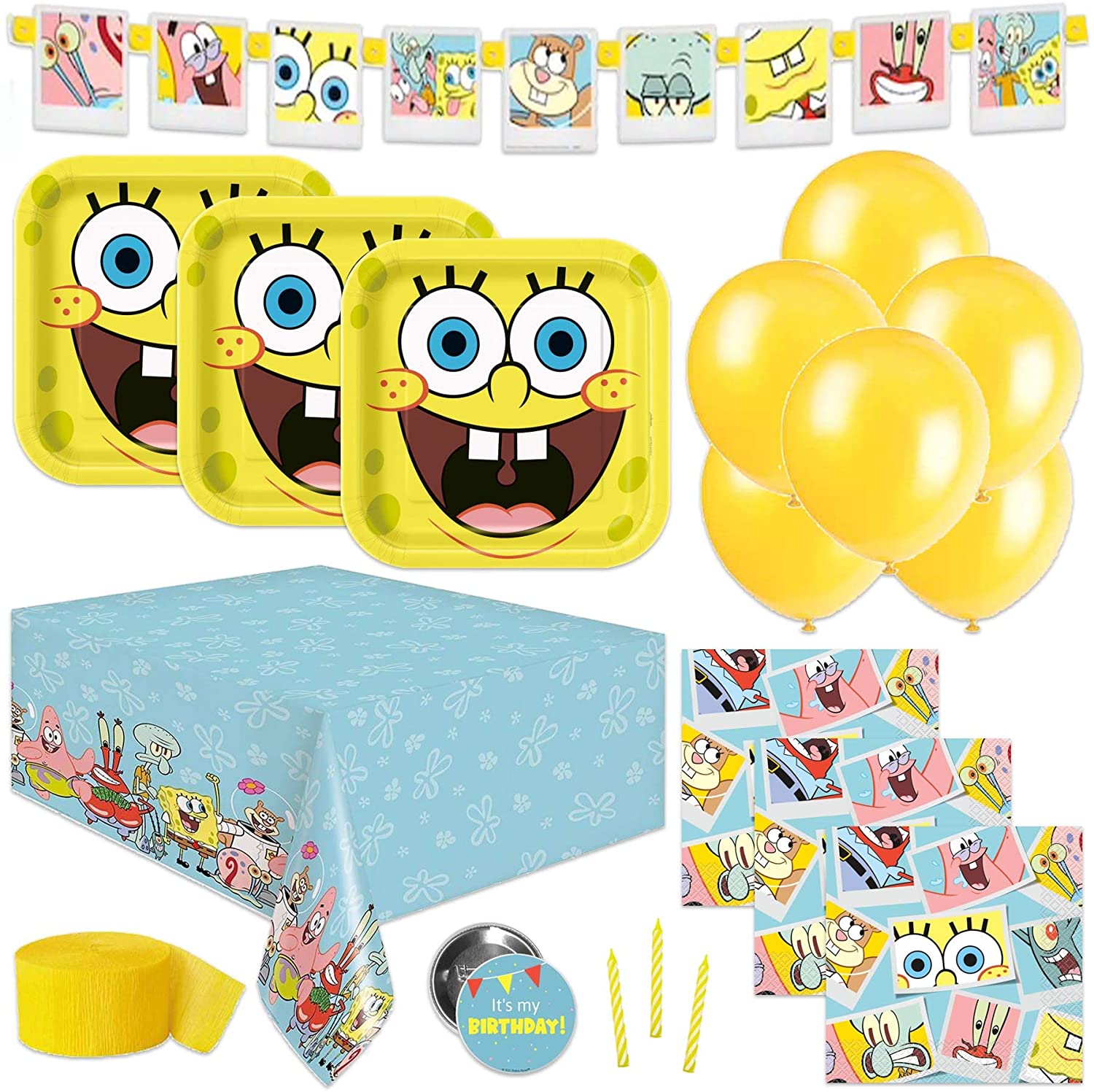 Spongebob Party Supplies Set Serves 16 Guests Spongebob Birthday Party Supplies Including Table Cover Banner Decoration Plates Napkins Balloons Crepe Streamer Candles And Button Walmart Com Walmart Com