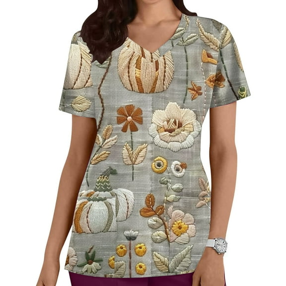 QATAINLAV Womens Thanksgiving Scrub Tops Fall Pumpkin Scrubs Shirts Short Sleeve V Neck Printed Nursing Tops Holiday Medical Working Uniform Blouse with Pockets of Army Green S