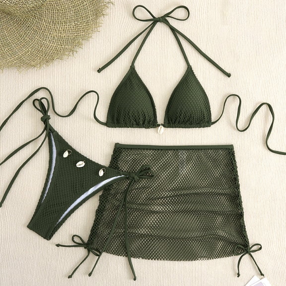 Dolkfu 3 Piece Women's Swim Suits Sexy Halter Bikini Sets Swim Skirt Thong Cheeky Bathing Suit Women L