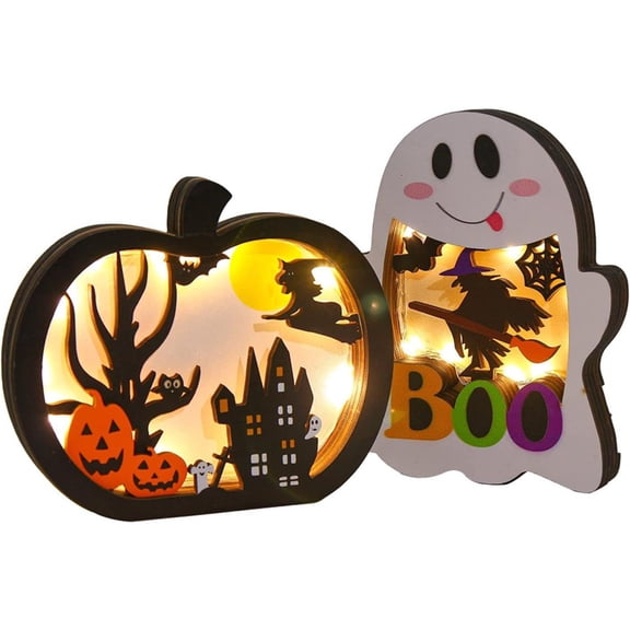 Homesteed Halloween Wooden Lighted Pumpkin Lamp Decorative Tabletop Ornament for Indoor Fall Home Decor