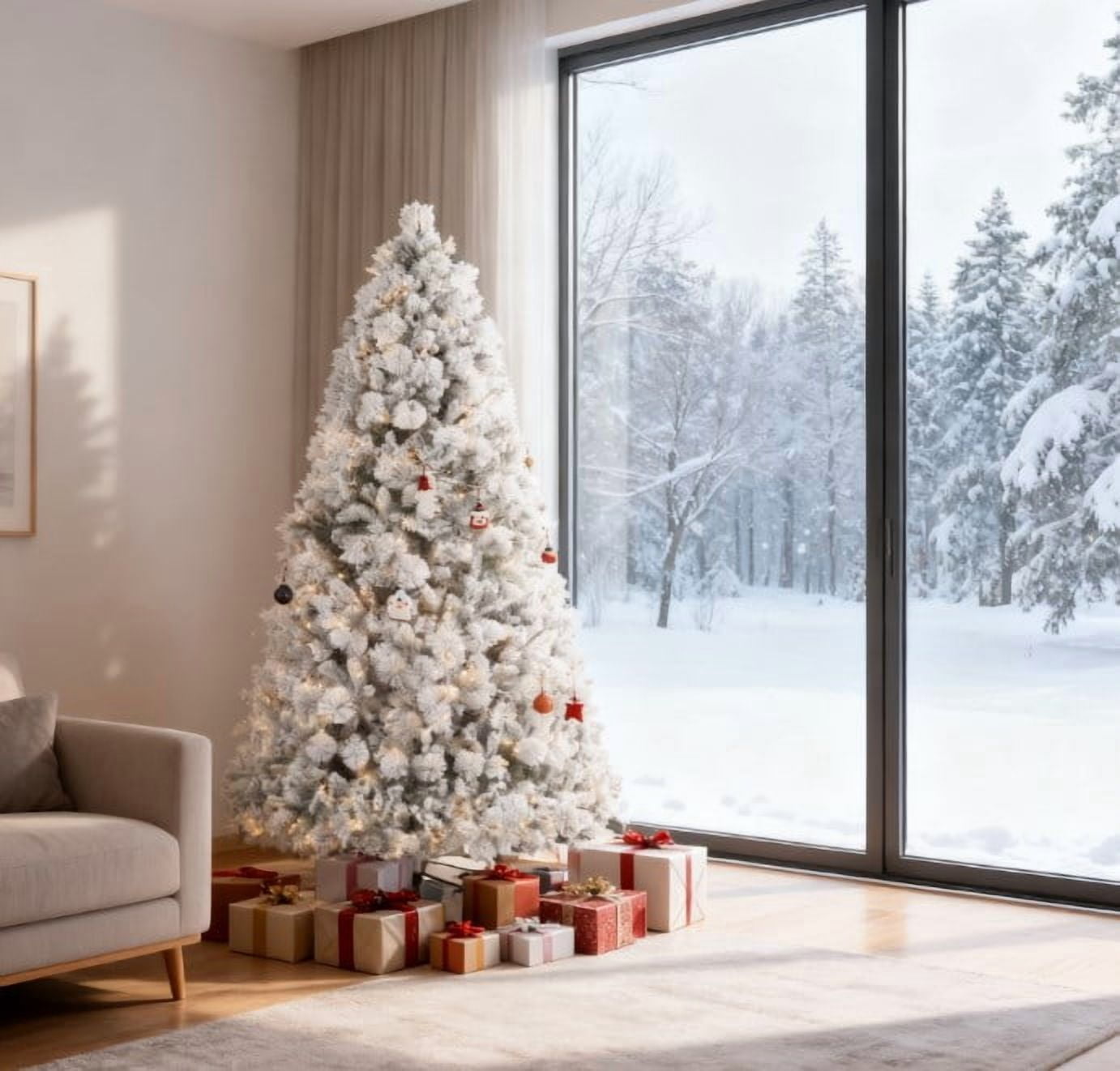 7.5ft Prelit Snow Flocked Christmas Tree with 500 Clear Lights 1530 Tips Auto-Open Branches Indoor Decor