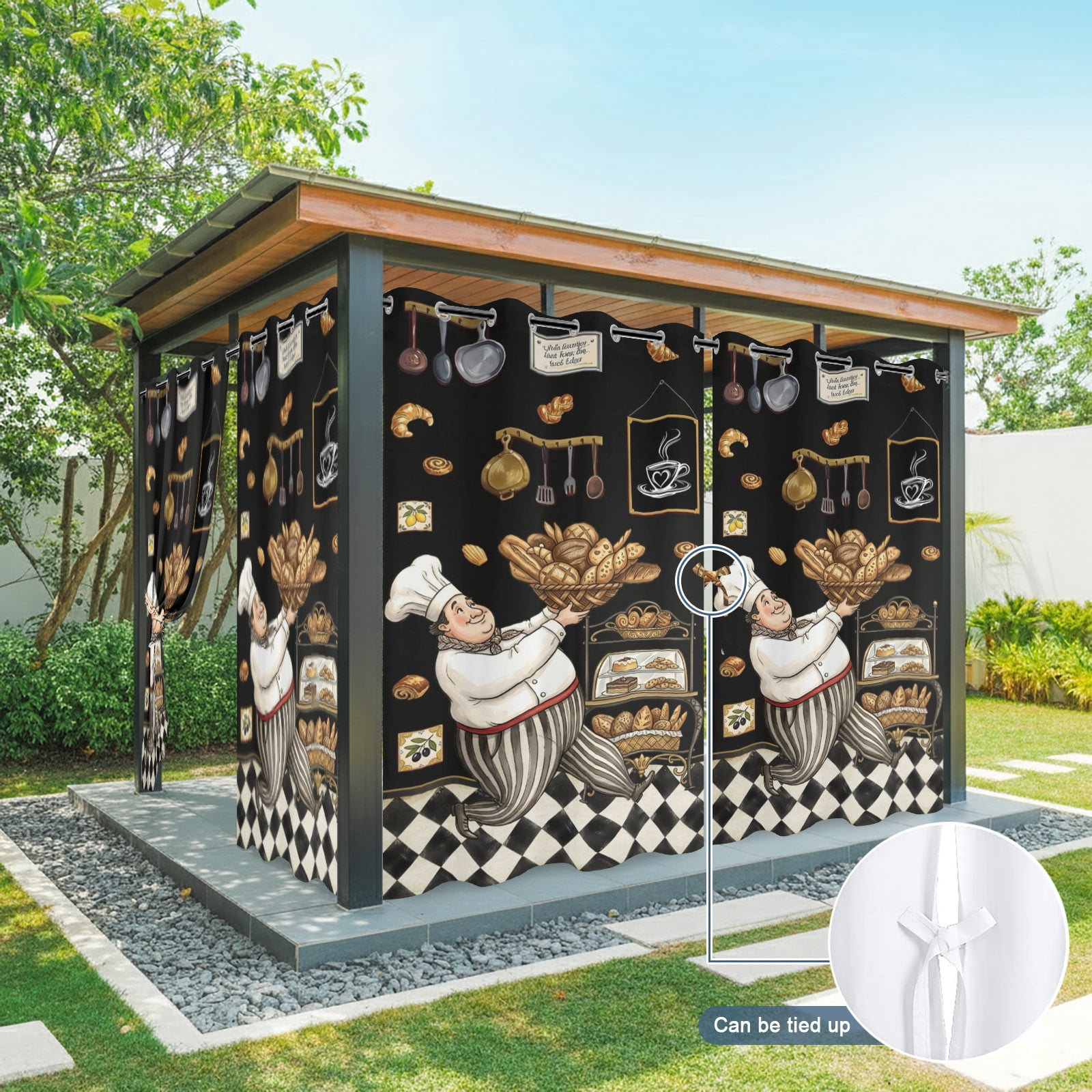 Retro Cartoon Chef Outdoor Curtains for Patio, Vintage Break Farmhouse Traditional Food Black Sunshade Privacy Drapes Grommet Waterproof Outside Curtains for Porch/Cabana/Balcony 54"x 108", 1 Panel