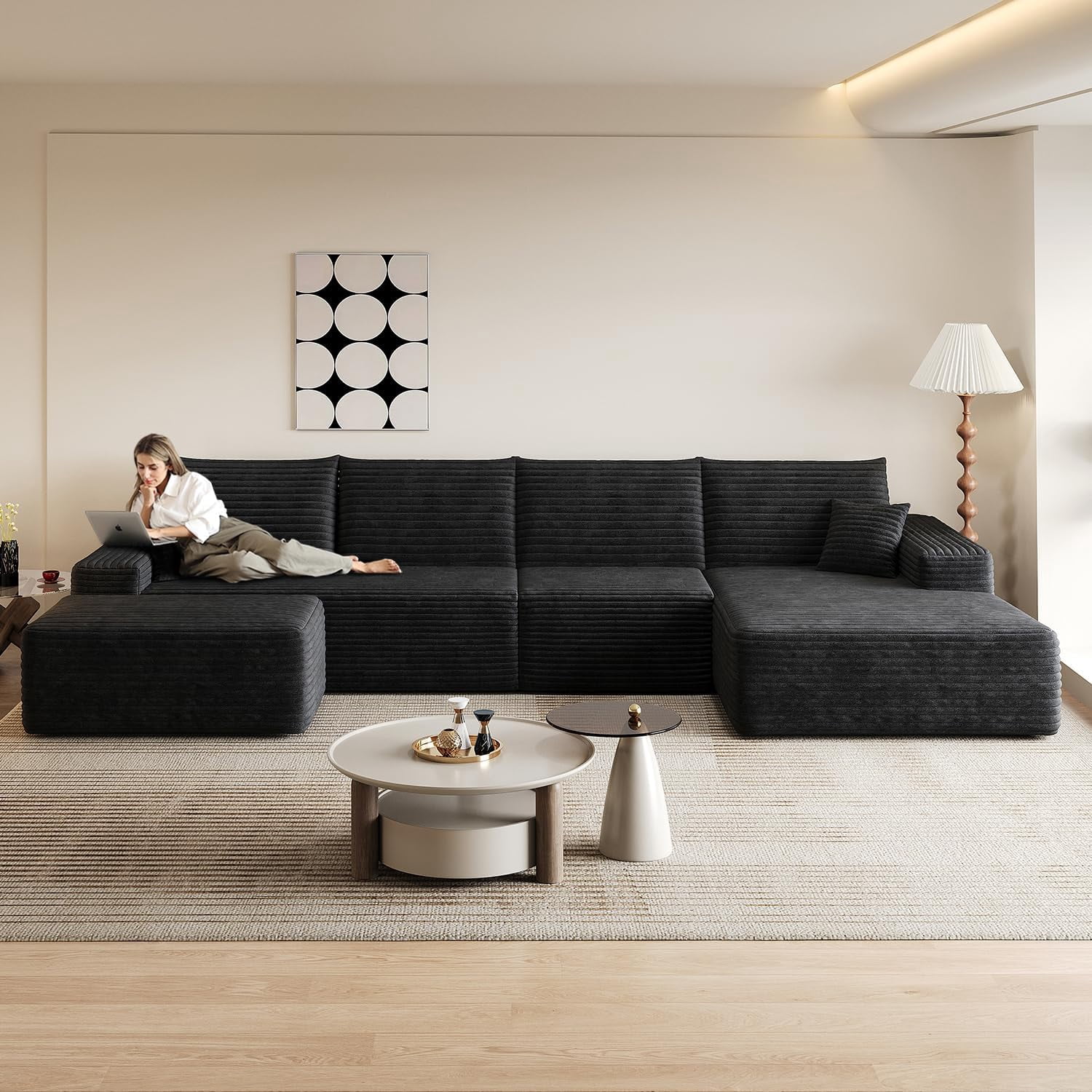 Sailvan 135" Cloud Sectional Couch, Cloudy Sofa with L-Shape Chaise & Ottoman, Upholstered Couches for Living Room & Bedroom, No Assembly Required, Plush Corduroy Fabric, Black