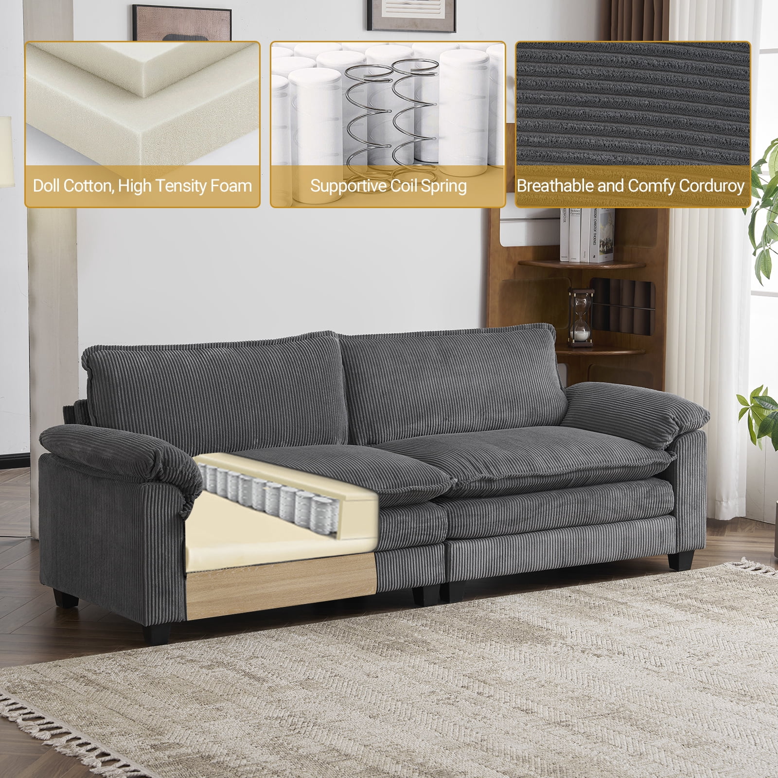 Zimtown 90“ Sofa Bed Couch with Pillow Arms and Double Layer Cushions, Corduroy Loveseat Sofa with Removable Ottoman for Living Room, Gray