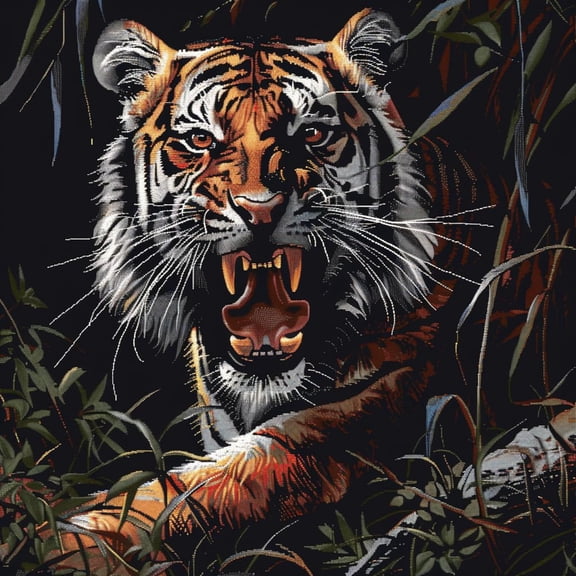 Roaring Tiger Angry in Grass DIY 11CT Stamped Cross Stitch Kits for Beginners Easy Needlepoint Embroidery Counted Cross Stitch Art Craft for Wall Decoration 14x14inch(1)