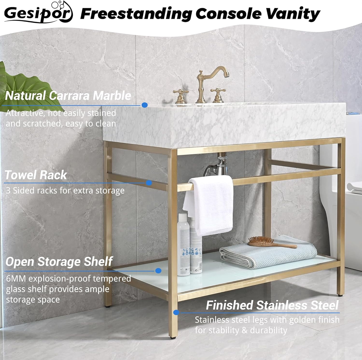 GGISHA 36"x 21"Freestanding Bathroom Vanity with Sink,Carrara Marble,Golden Frame for Laundry Room,Utility Room