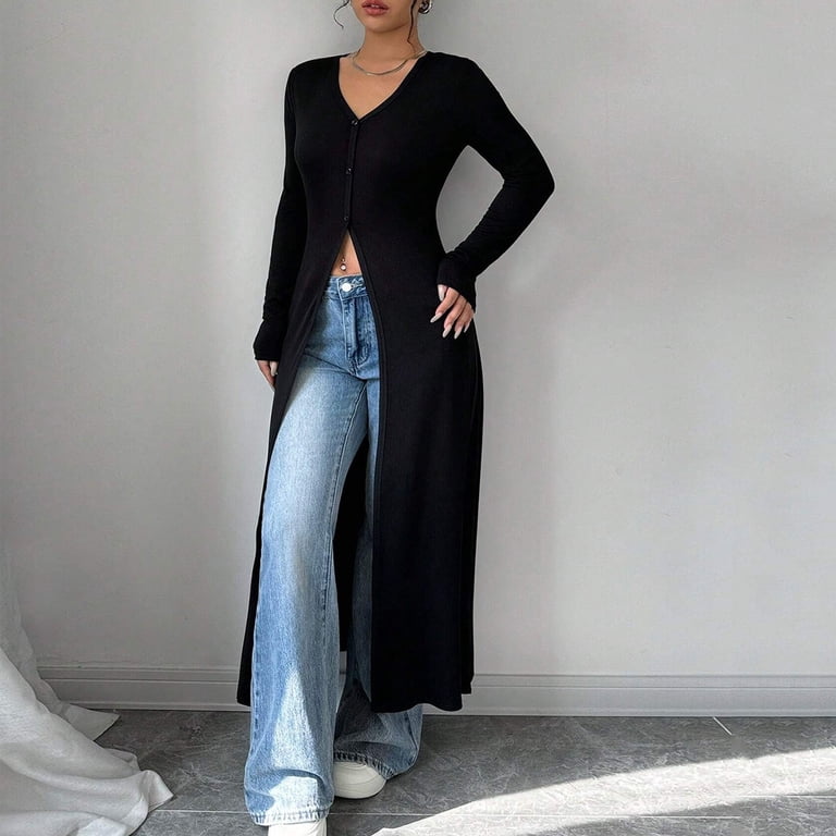 FRSASU Long Cardigans for Women Cover up Maxi Dress Solid Color Long Sleeve  V Neck Button Down Cardigan Black XXL(XXL) - Walmart.com