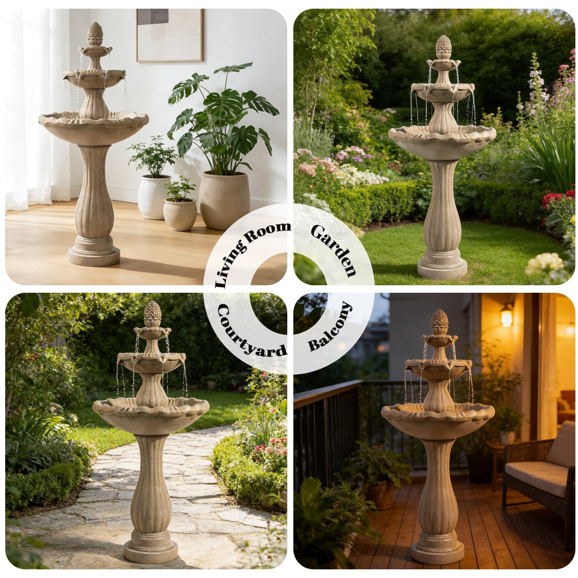 Kaluomm 48" 3-Tiers Outdoor Water Fountain, Italian Pineapple Large Cascading Waterfall Fountains, Weather-Resistant Resin Freestanding Fountain Features for Garden Patio Backyard, Beige