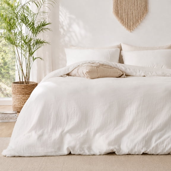 TechForma 100% Cotton Duvet Cover Set, White Double Layer Gauze Bed Set, 3 pcs Breathable & Crisp Soft Duvet Cover Set, Twin