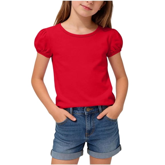 BTDECLAR Girls Puff Short Sleeve T Shirts Solid Color Round Neck Basic Summer Tee Shirts Casual Soft Comfy Blouses Tops 1-15 Years