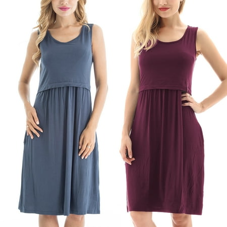 

Bearsland Women’s Sleeveless Maternity Nursing Dress Breastfeeding Pregnancy Clothes With Pockets 2-Pack