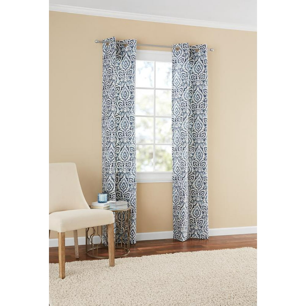 Mainstays Damask Window Curtain Panel Pair, 60" x 84", Indigo Walmart