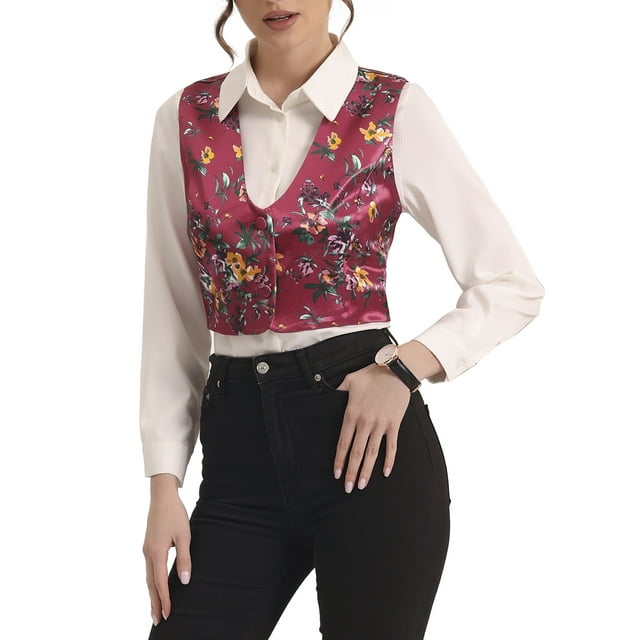 INSPIRE CHIC Women's Floral Pattern V Neck Sleeveless Button Satin Waistcoat Vest Rose Red XS