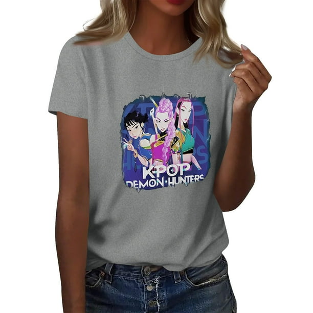 Pop cazadora para niña Demon Hunters Graphic Round-Neck Short Sleeve T Shirt For Kids Youth Fashion Tee With Cartoon Print Design Soft Blend Top For Children (Gray)