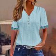 thumbnail image 3 of Women's Blouses Top Summer Short Sleeved T-shirts Solid Color Lace V-neck Button Shirts Casual Loose Pullover Hollow Breathable Tunic Tops 01#Light Blue XL, 3 of 6