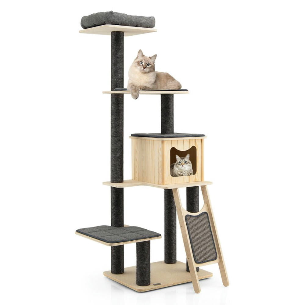 Spaco Cat Tree, 55-Tier Modern Wood Cat Tower with Washable Cushions-Gray, Cat House with Platform Bed, Large Cozy Condo