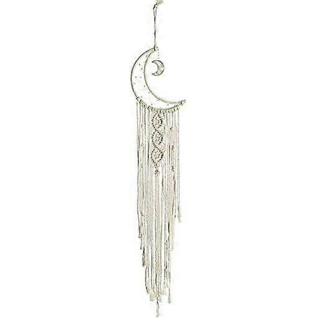 Atrapasueños de algodón tejido con diseño de luna y estrella hecho a mano, estilo bohemio, macramé, para colgar en la pared (luna blanca)