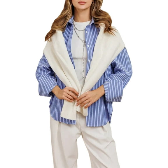 Striped Button Down Shirts for Women Dress Shirt Long Sleeve Collared Business Blouse Tops L