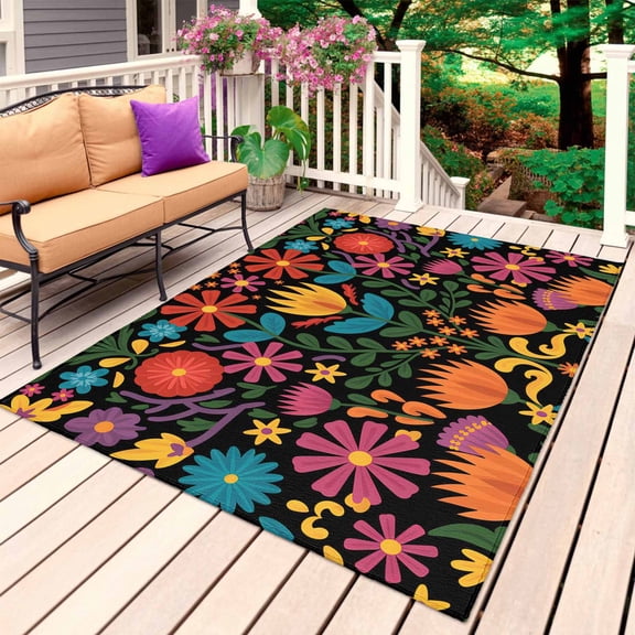 Colorful Mexico Outdoor Rug 5x8 Ft, Non Slip Washable Area Rug, Modern Abstract Flowers Leaf Orange Green Patio Rugs Carpet Runner, Large Floor Mat for Indoor/Outdoor Deck Porch Camping