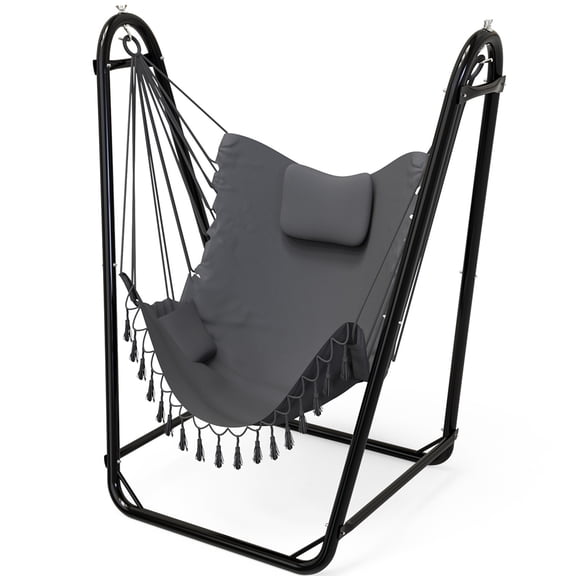 U-Shaped Strap Hammock Chair with Stand, Bohemian-Style Fringe Indoor Hanging Chair, Outdoor Swing Chair with Pockets