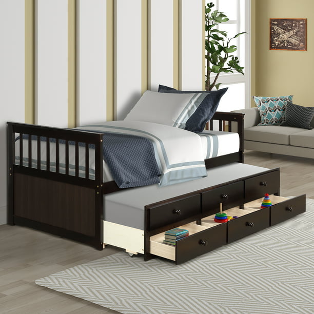 Segmart Twin Daybed Bed With Trundle Captain S Bed With 3 Storage Drawers Farmhouse Twin Style Solid Wood Trundle With Slatted Headboard And Footboard For Kid S Room Teens Espresso 300lbs S352 Walmart Com