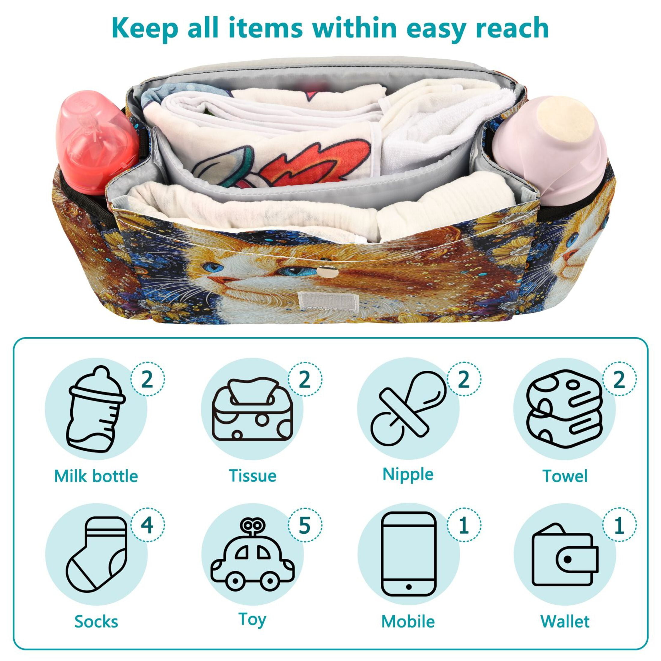 DIXRUYEE Stroller Organizer Bejeweled Cat Among Blooms Printed