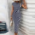 thumbnail image 2 of IFNWSV Longues Robes pour Femmes, Robe Longue à Rayures à Col Rond à Manches Courtes avec Taille à Nouer Style Décontracté Élégant, Robes pour Femmes Bleu 2TG, 2 of 8