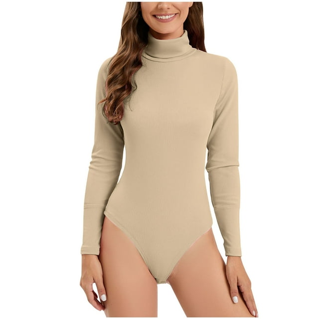 Weiqiqre Justaucorps Basique Uni pour Femme à Col Roulé, Haut à Manches Longues, Combinaison Moulante, Barboteuse Extensible