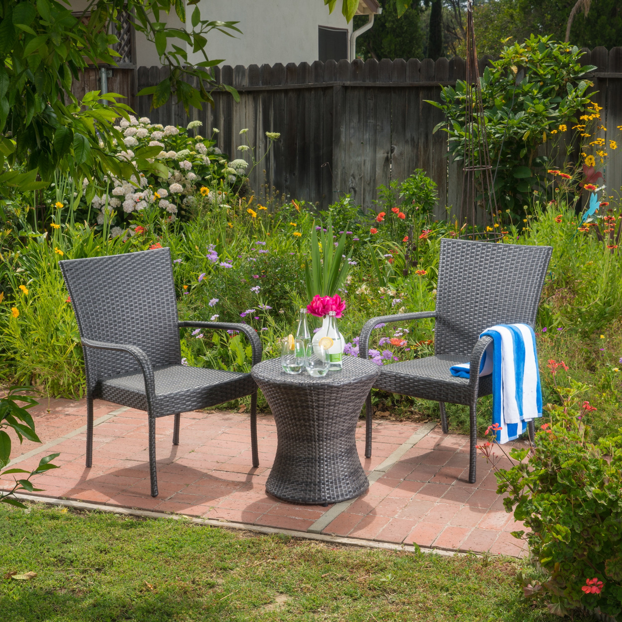 Ashburn Outdoor 3 Piece Wicker Stacking Chair Chat Set, Grey
