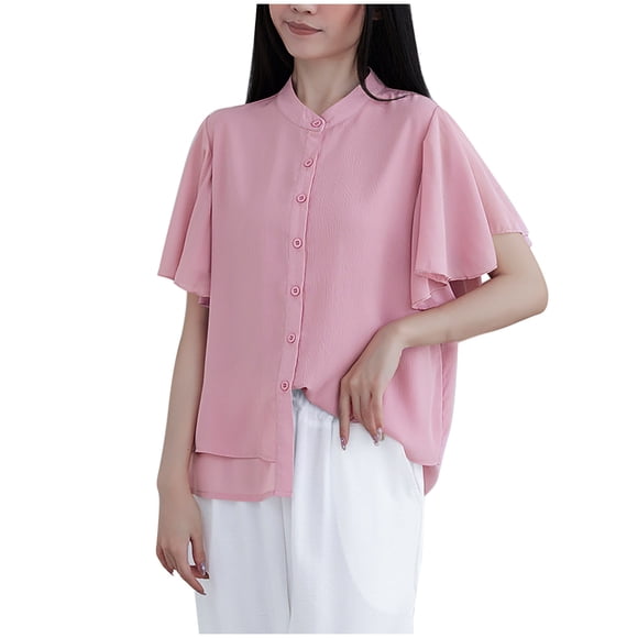 Camisas de Manga Corta para las Mujeres Casual, Botón de Cuello en V de la Moda de Verano, Top Suelto/Camisa Casual