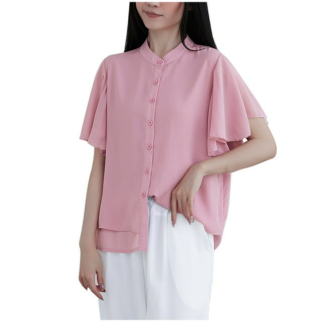 Camisas de Manga Corta para las Mujeres Casual, Botón de Cuello en V de la Moda de Verano, Top Suelto/Camisa Casual
