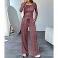 thumbnail image 4 of Women'S 2 Piece Matching Lounge Sets Fall Outfits Henley Neck Sweater Top Wide Leg Pants Sweat Suits Brick Red XL, 4 of 9