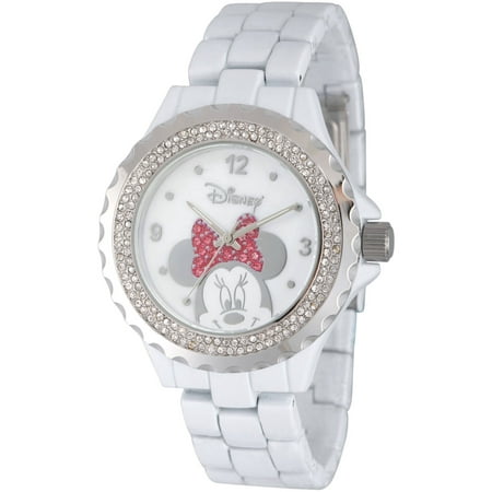Disney Minnie Mouse Women's Enamel Sparkle White Alloy Watch, Silver Bezel, White Bracelet