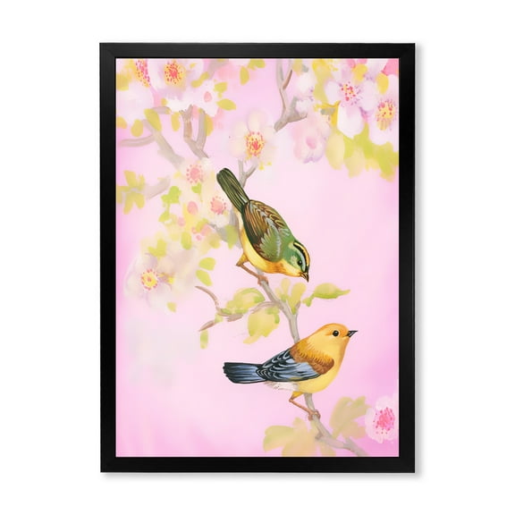 Designart 'Beautiful Bright Birds Sitting On Branch' Traditional Framed Art Print
