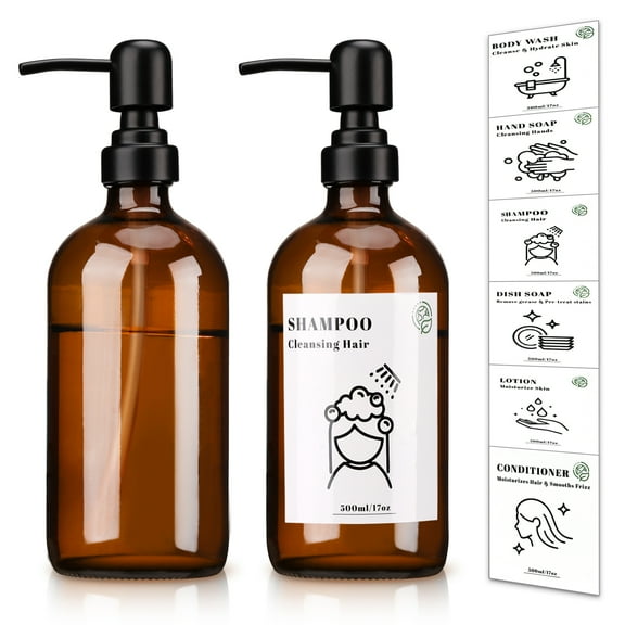 ZIVACATE 2 Pack Soap Dispenser Amber Glass Hand Soap Dispenser with Pump 17 Oz Dish Soap Dispenser With 6 Waterproof Labels For Kitchen Bathroom & Countertop