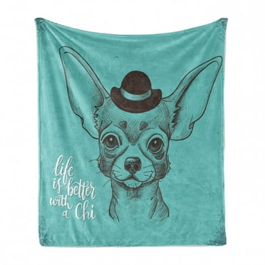 Chihuahua Soft Flannel Fleece Throw Blanket, Face Sketch of Dog with Hat and Life is Better with a Chi Words, Cozy Plush for Indoor and Outdoor Use, 60" x 80", Seafoam Taupe and White, by Ambesonne