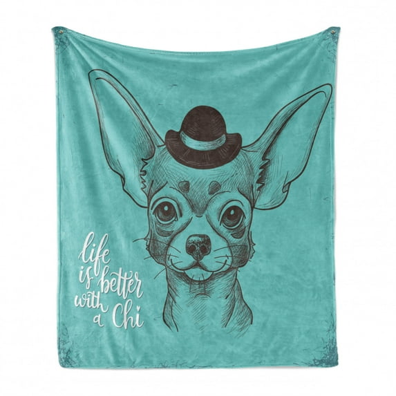 Chihuahua Soft Flannel Fleece Throw Blanket, Face Sketch of Dog with Hat and Life is Better with a Chi Words, Cozy Plush for Indoor and Outdoor Use, 60" x 80", Seafoam Taupe and White, by Ambesonne