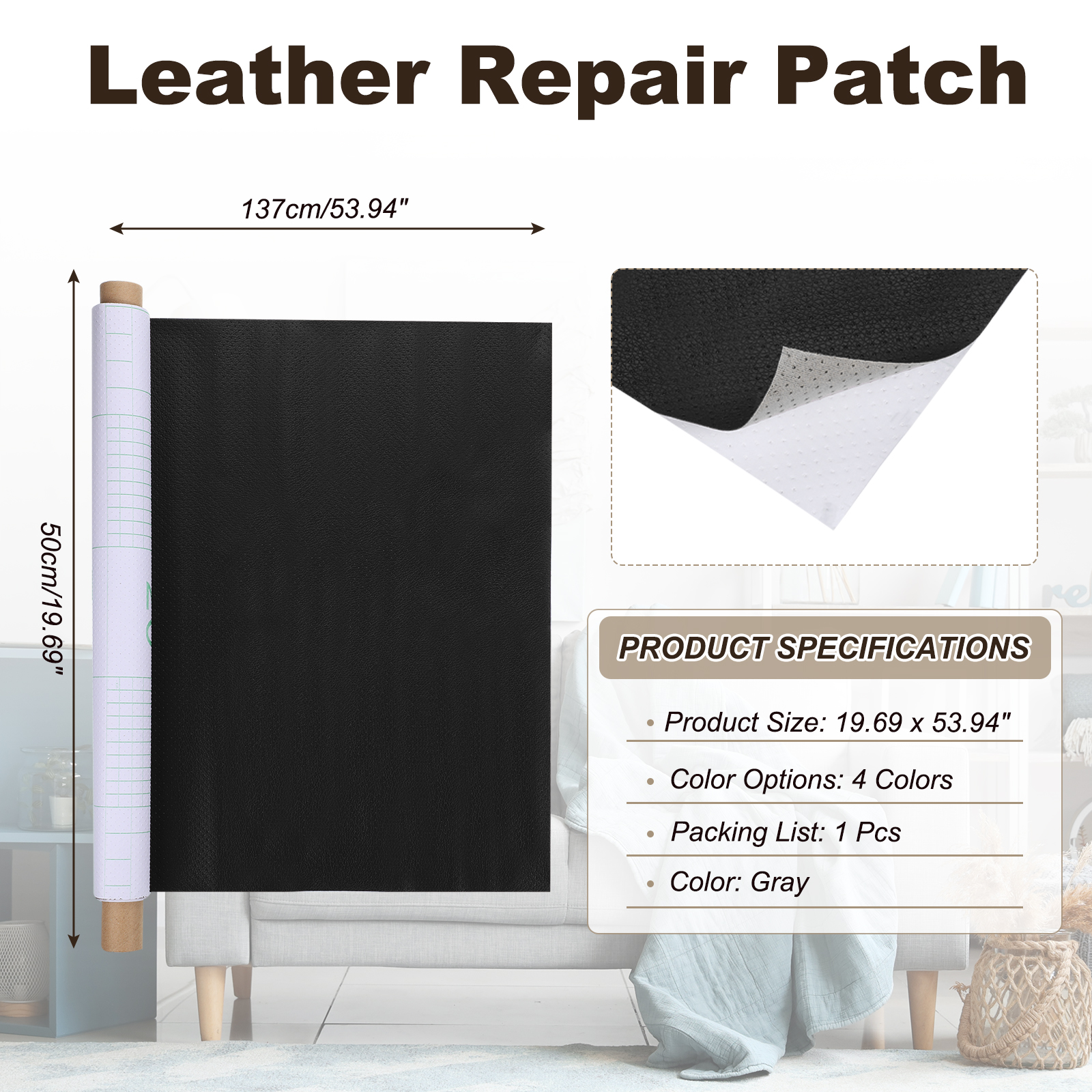 Uxcell 19.69 x 53.94 inch Leather Repair Patch, Breathable Perforated Self Adhesive Repair Patch for Furniture Couch Car Seats Sofa Repair 1Pcs (Black)