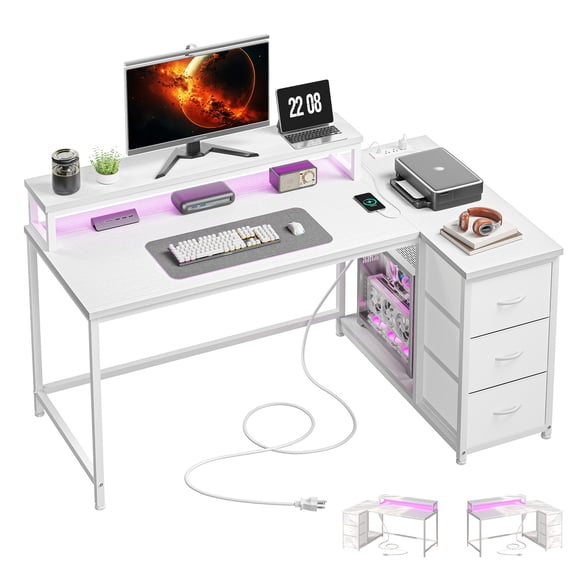 melmine L Shaped Computer Desk with LED Lights, 3 Drawers, Power Outlets and Monitor Stand, 47 Inch Corner Gaming Desk for Small Spaces,White