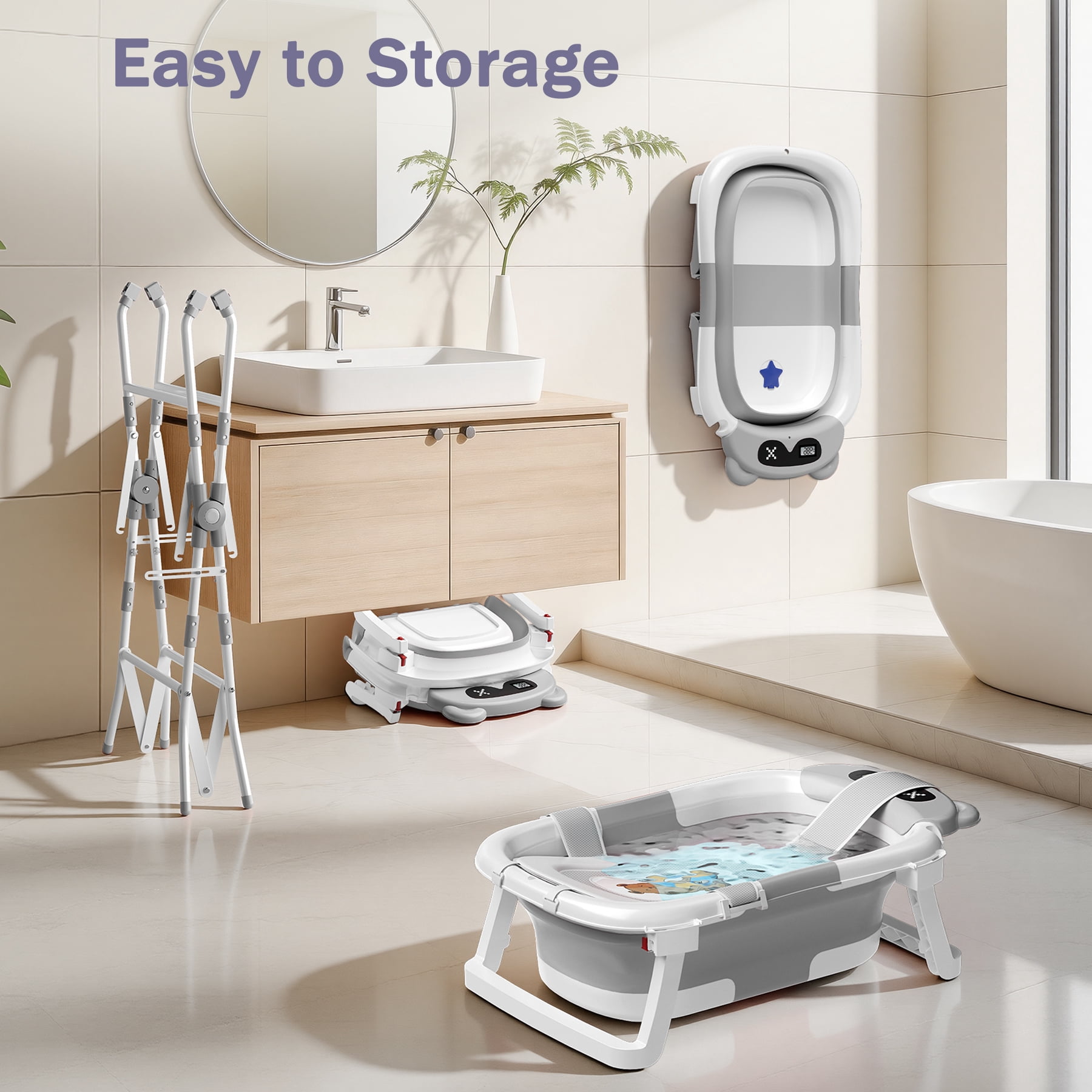 COOSEYA 2-in-1 Baby Bathtub with Stand for Newborn and Infants, Foldable Baby Bath Tub, Baby Shower Gifts for New Parents, Gray