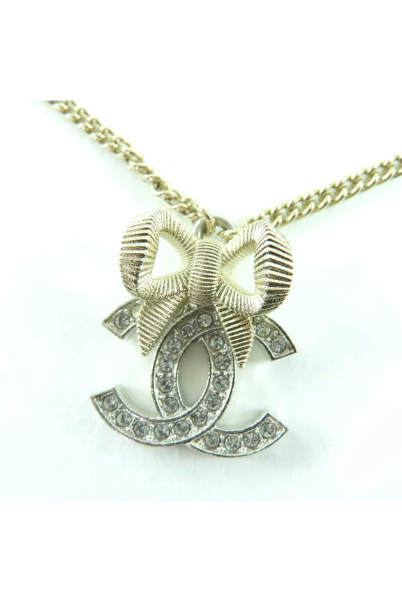 Pre-Owned CHANEL B24K Coco Mark Ribbon Rhinestone Necklace, Champagne Gold, with Box, Made in...