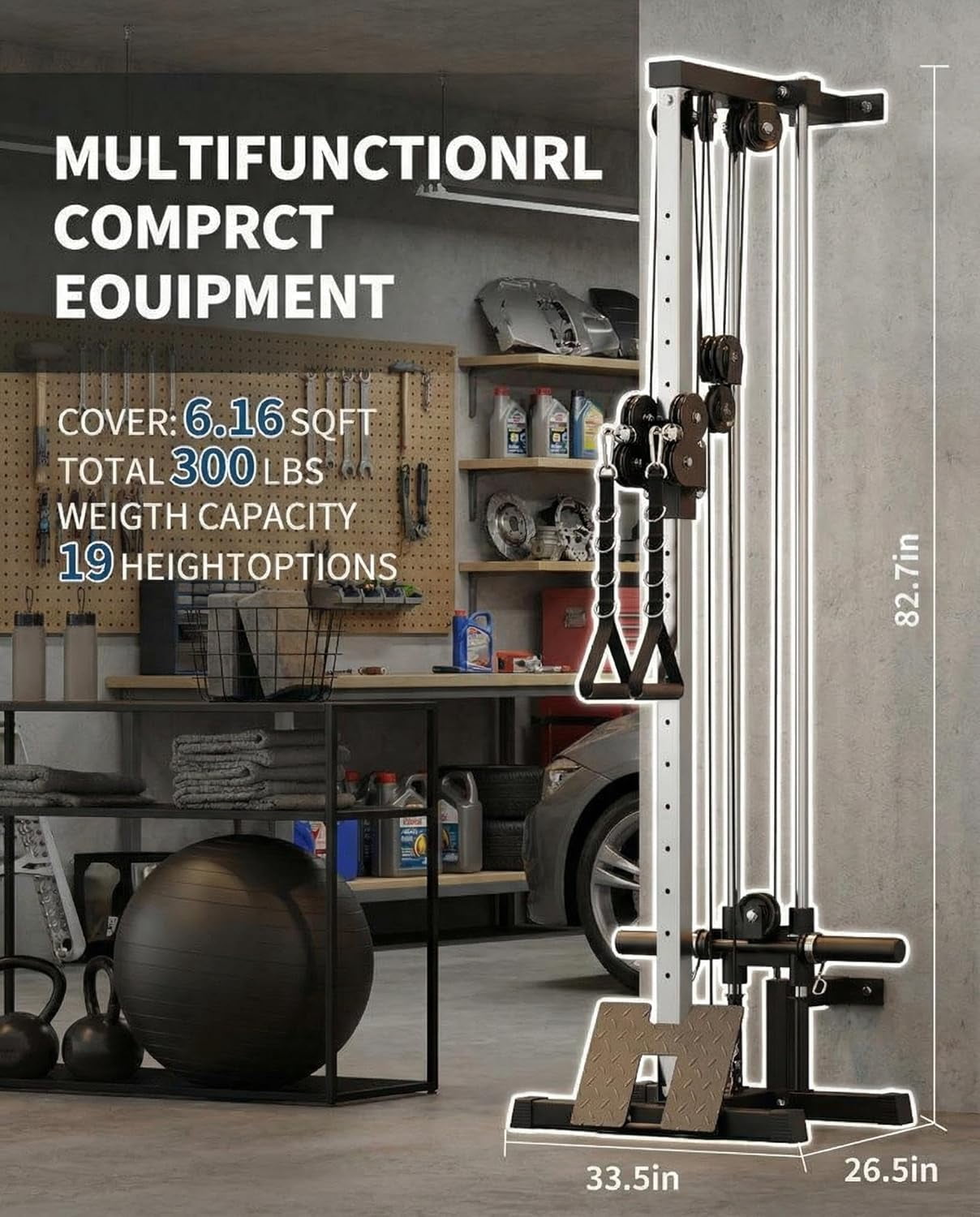Dual Pulley Wall Mount Cable Machine for Home Gym, LAT Pulldown & Crossover Station with 18 Adjustable Positions, 400LB Capacity Multifunctional Strength Training Equipment