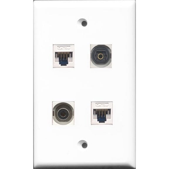RiteAV 1 Port Toslink and 1 Port 3.5mm 2 Port Cat5e Ethernet White Wall Plate