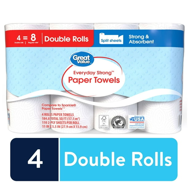 Great Value Everyday Strong Paper Towels, Split Sheets, 4 Double Rolls