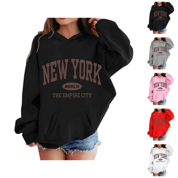 Girls Casual Hoodies 2026 Long Sleeve New York Brooklyn Graphic Hooded Sweatshirt with Pockets Kids Pullover Tops