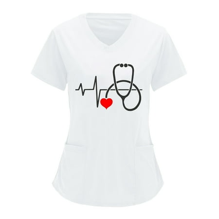 

Hvyesh Women s Scrubs Top with Pocket V-Neck Printed Casual Short Sleeve Working Uniform Top Nurses Tunic Uniform Clinic Carer V-Neck Protective Clothing Tops