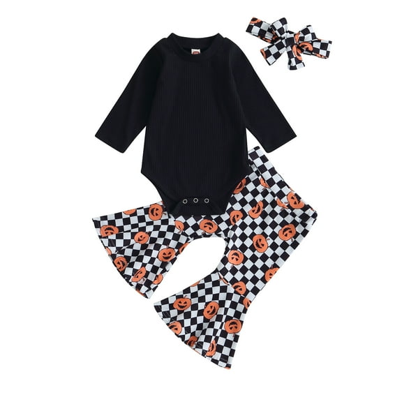 Wassery Baby Girl Fall Outfits 3 6 12 18 24 Months Infant Girls 3Pcs Halloween Clothes Set Long Sleeve Rompers Pumpkin Checkerboard Print Flare Pant Headband 0-24M