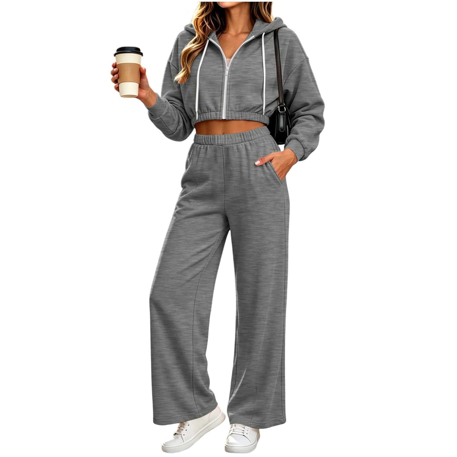 Women s Solid 2‑Piece Loungewear Set Cropped Hooded Sweatshirt & Elastic Waist Wide‑Leg Pants with Side Pockets Outfit for Fall Winter Home office Travel Daily Casual Wear Gray L