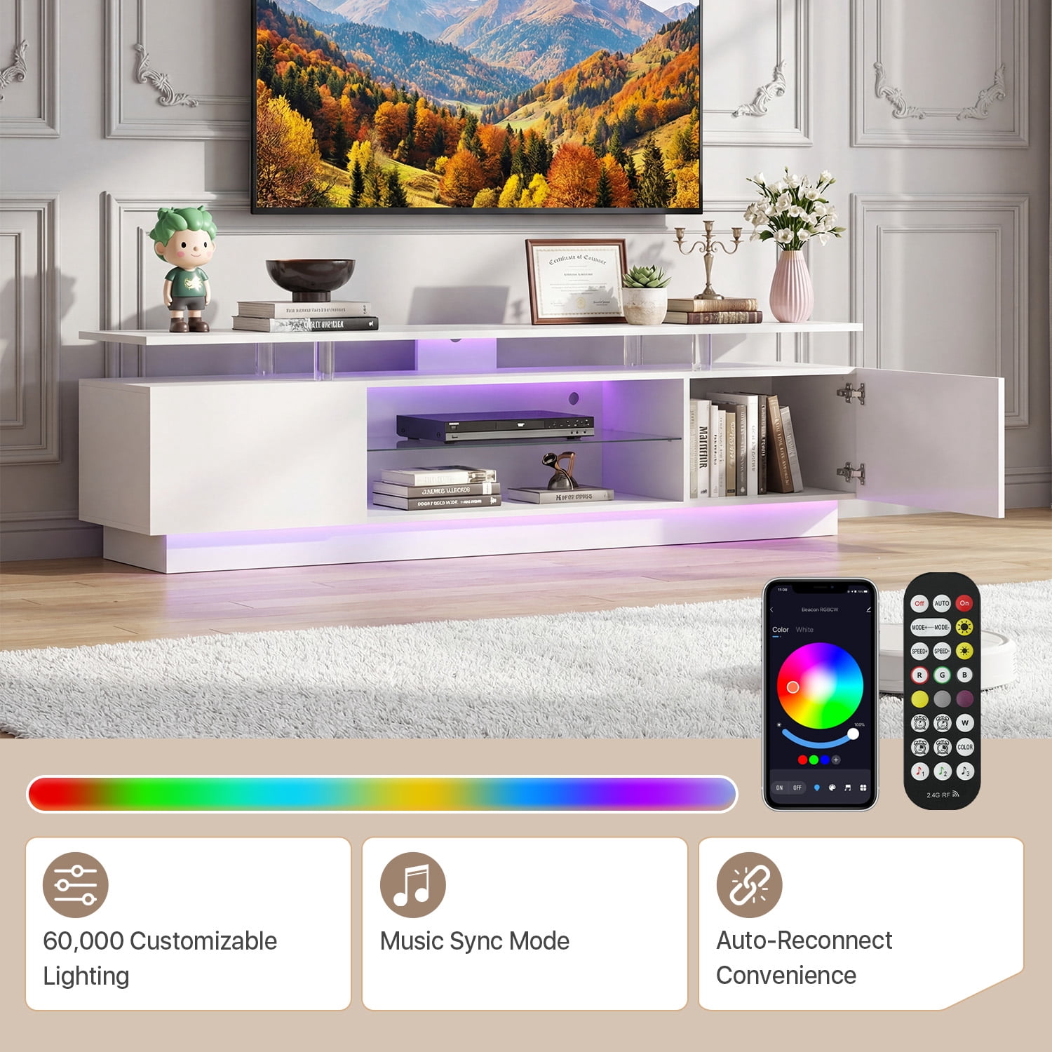 BaPiPro 70" LED Modern TV Stand for 65"-75" TVs, Entertainment Center TV Console with Music Sync LED for Living Room, White